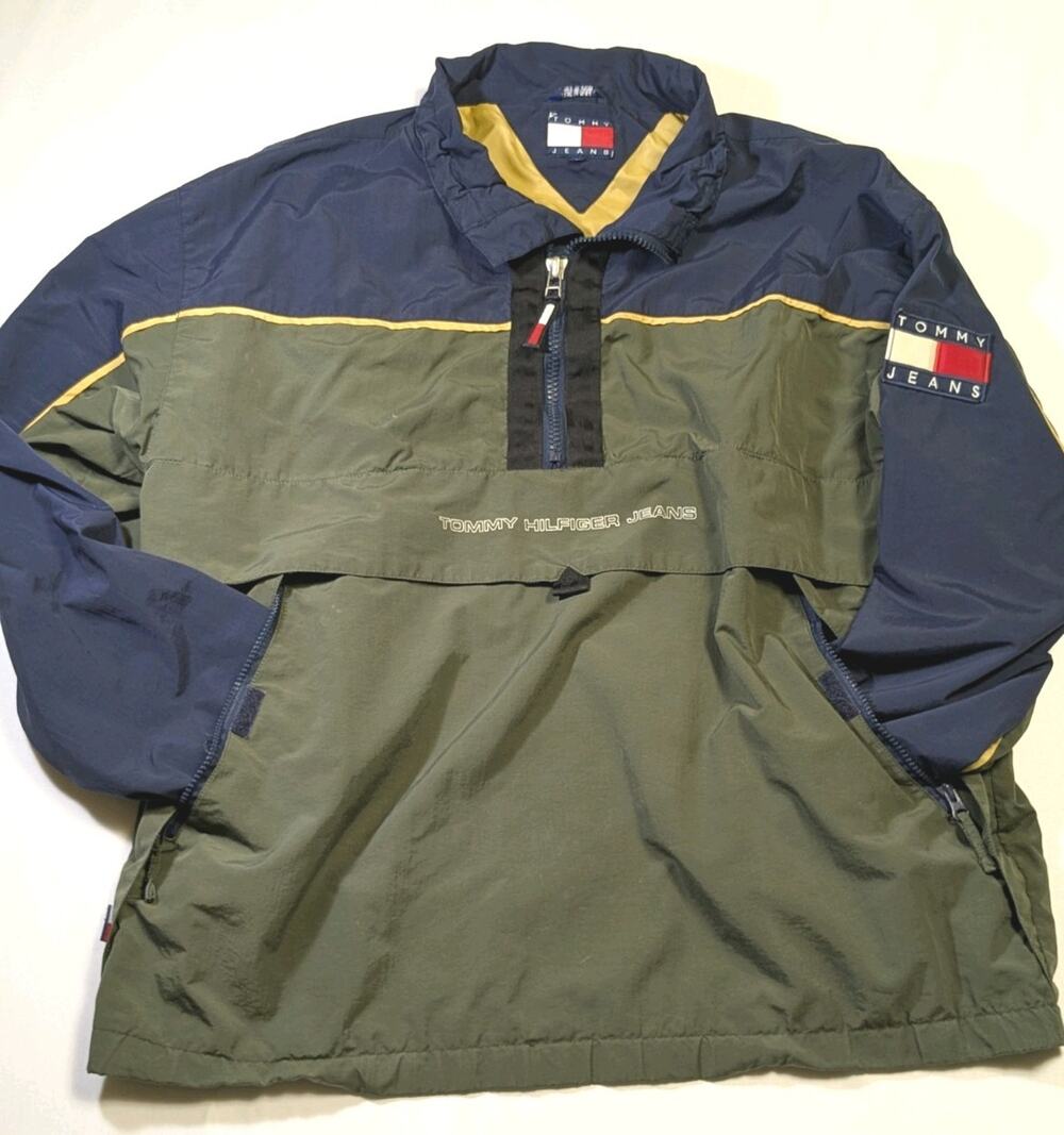 Vintage Tommy Hilfiger Size XL Half Zip Wind Breaker Jacket Green Blue 90s